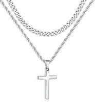 2 Pcs Cross Necklace Chain for Men and Women, Layered Mens Cross Necklaces Stainless Steel Pendant Cuban Link Rope Chain 16-26 Inch, Jewelry Gift