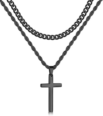 2 Pcs Cross Necklace Chain for Men and Women, Layered Mens Cross Necklaces Stainless Steel Pendant Cuban Link Rope Chain 16-26 Inch, Jewelry Gift