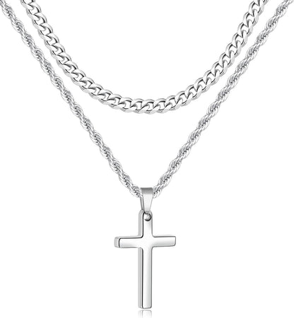 2 Pcs Cross Necklace Chain for Men and Women, Layered Mens Cross Necklaces Stainless Steel Pendant Cuban Link Rope Chain 16-26 Inch, Jewelry Gift