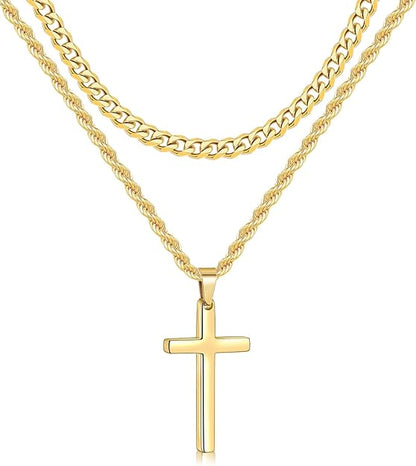 2 Pcs Cross Necklace Chain for Men and Women, Layered Mens Cross Necklaces Stainless Steel Pendant Cuban Link Rope Chain 16-26 Inch, Jewelry Gift