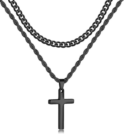 2 Pcs Cross Necklace Chain for Men and Women, Layered Mens Cross Necklaces Stainless Steel Pendant Cuban Link Rope Chain 16-26 Inch, Jewelry Gift