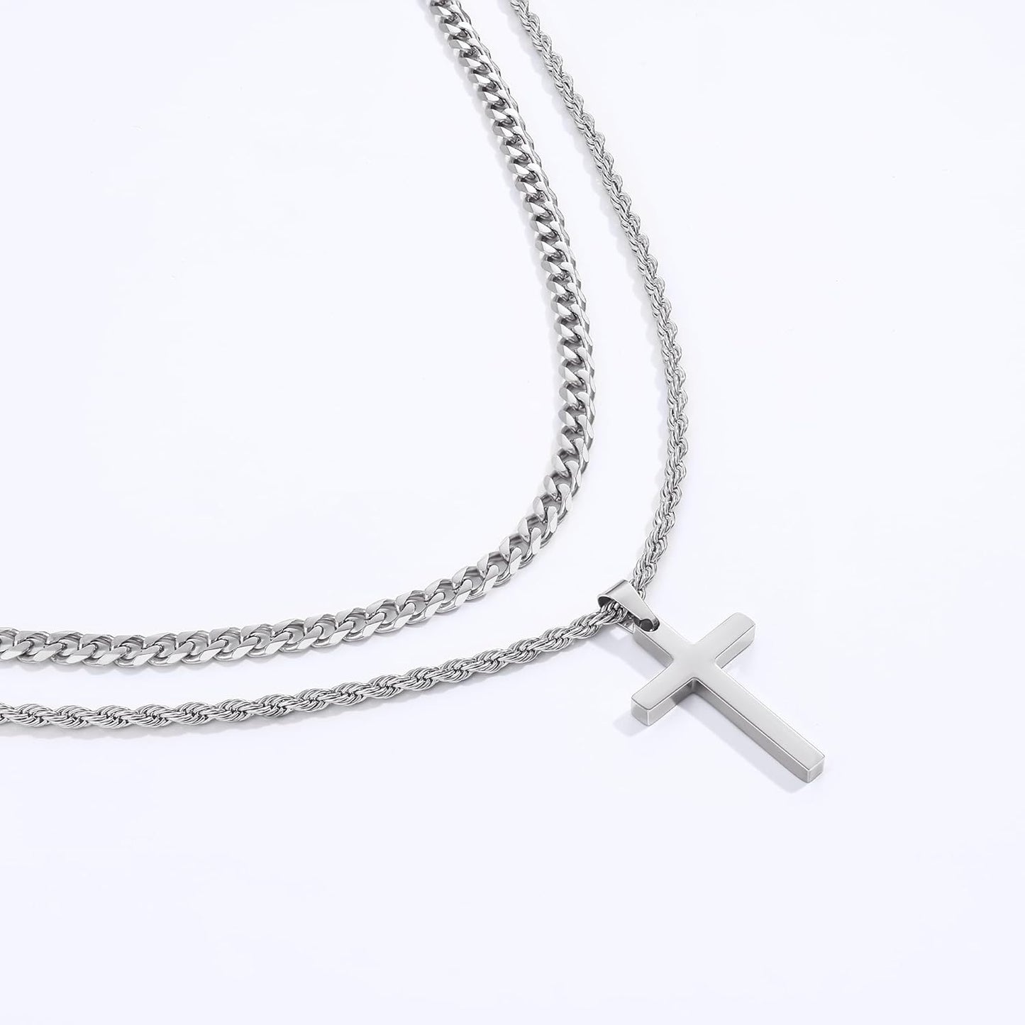 2 Pcs Cross Necklace Chain for Men and Women, Layered Mens Cross Necklaces Stainless Steel Pendant Cuban Link Rope Chain 16-26 Inch, Jewelry Gift