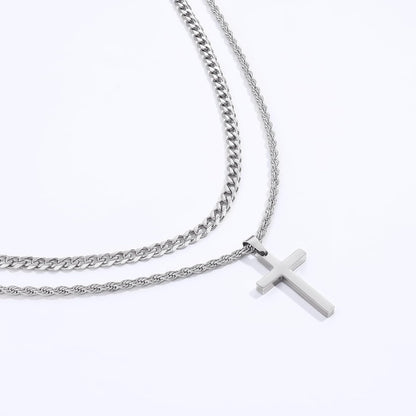 2 Pcs Cross Necklace Chain for Men and Women, Layered Mens Cross Necklaces Stainless Steel Pendant Cuban Link Rope Chain 16-26 Inch, Jewelry Gift