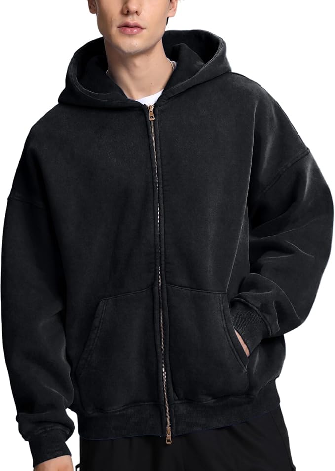 Mens Womens Double Zip up Hoodie Oversized Acid Wash Heavyweight Fleece Cotton Zipper Hoodie Vintage