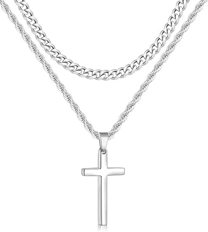 2 Pcs Cross Necklace Chain for Men and Women, Layered Mens Cross Necklaces Stainless Steel Pendant Cuban Link Rope Chain 16-26 Inch, Jewelry Gift