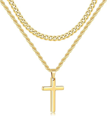 2 Pcs Cross Necklace Chain for Men and Women, Layered Mens Cross Necklaces Stainless Steel Pendant Cuban Link Rope Chain 16-26 Inch, Jewelry Gift