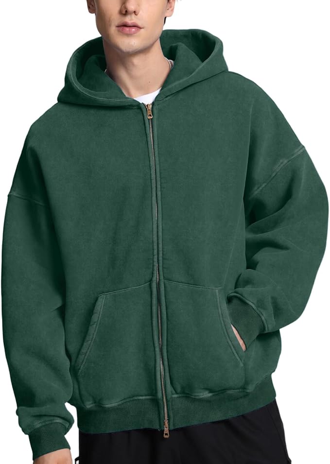 Mens Womens Double Zip up Hoodie Oversized Acid Wash Heavyweight Fleece Cotton Zipper Hoodie Vintage