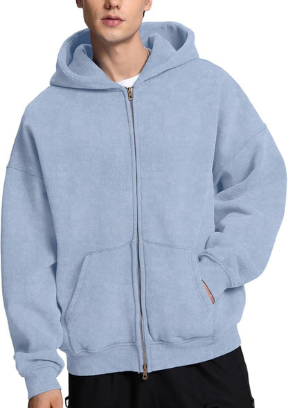 Mens Womens Double Zip up Hoodie Oversized Acid Wash Heavyweight Fleece Cotton Zipper Hoodie Vintage