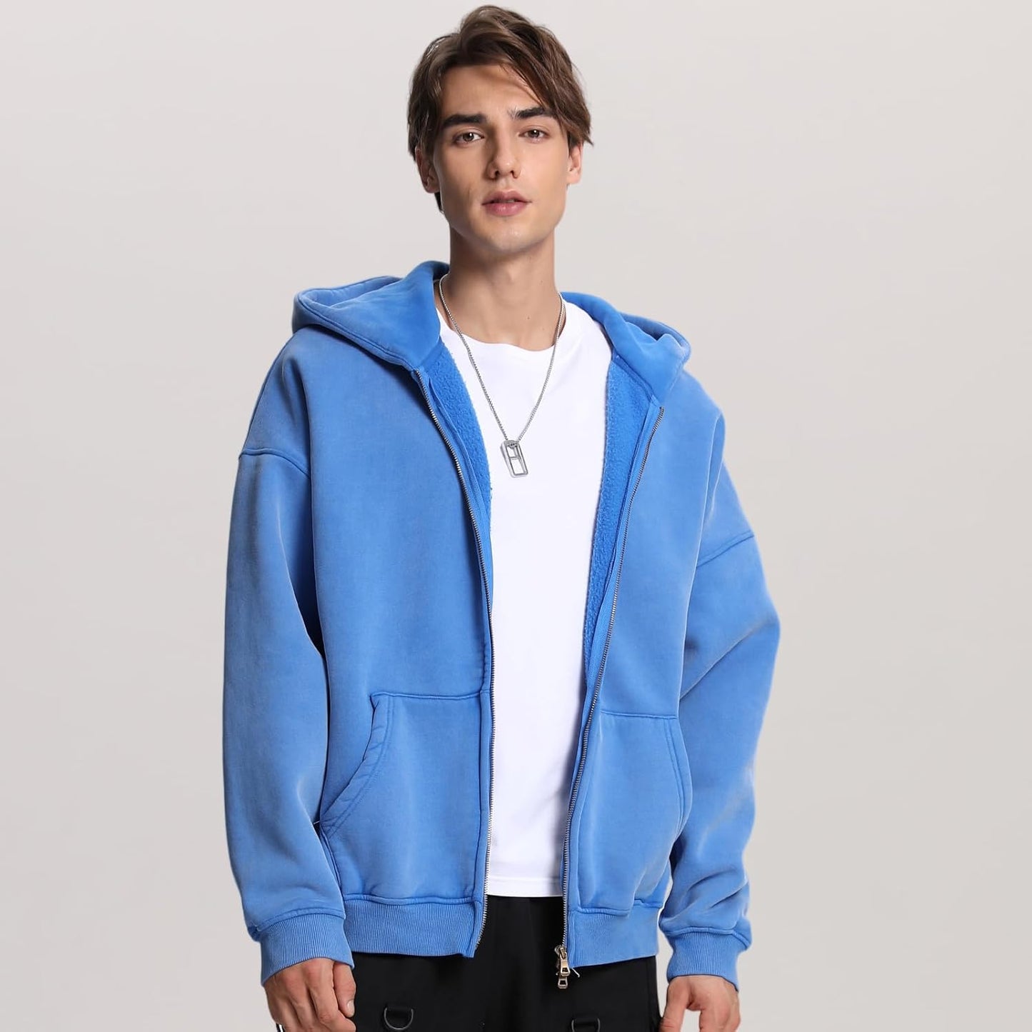 Mens Womens Double Zip up Hoodie Oversized Acid Wash Heavyweight Fleece Cotton Zipper Hoodie Vintage