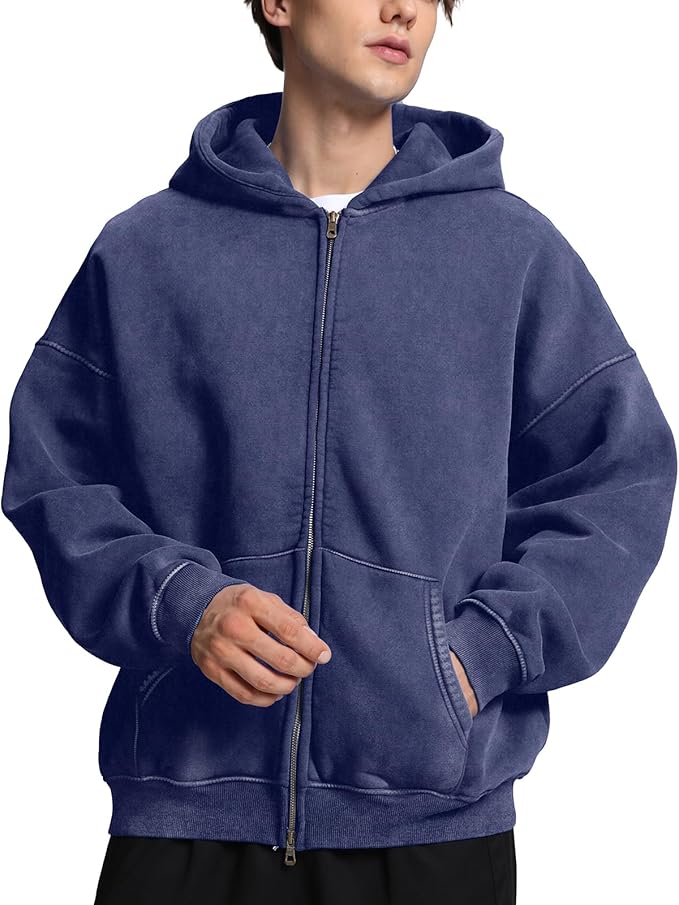 Mens Womens Double Zip up Hoodie Oversized Acid Wash Heavyweight Fleece Cotton Zipper Hoodie Vintage