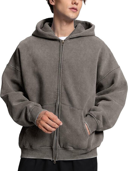Mens Womens Double Zip up Hoodie Oversized Acid Wash Heavyweight Fleece Cotton Zipper Hoodie Vintage
