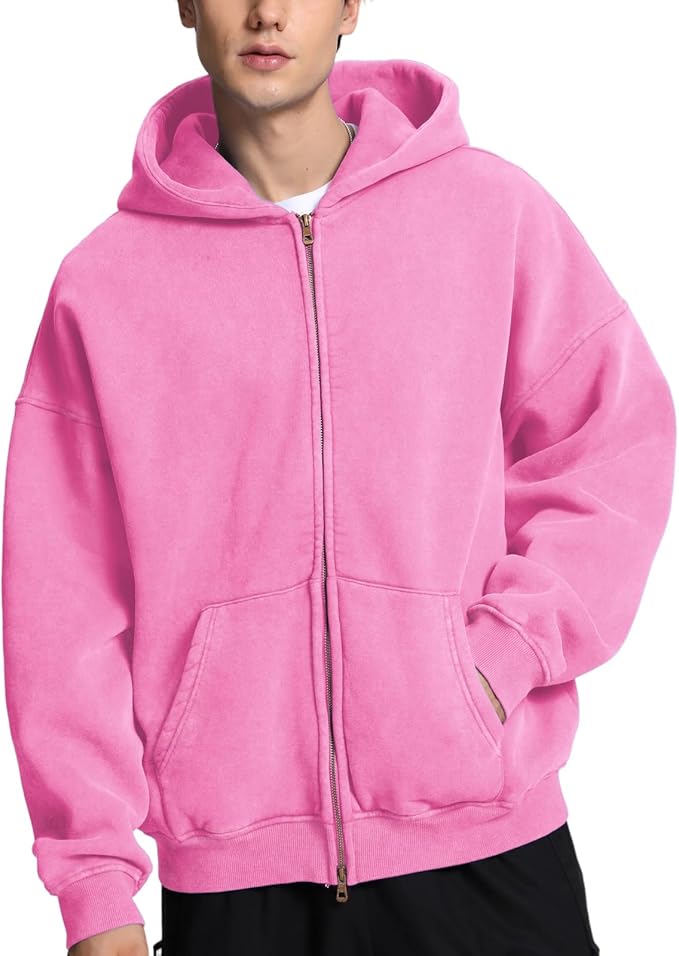 Mens Womens Double Zip up Hoodie Oversized Acid Wash Heavyweight Fleece Cotton Zipper Hoodie Vintage