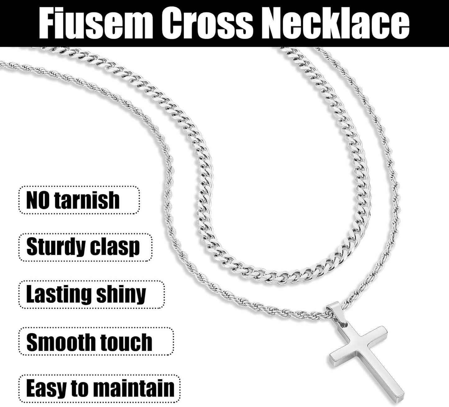 2 Pcs Cross Necklace Chain for Men and Women, Layered Mens Cross Necklaces Stainless Steel Pendant Cuban Link Rope Chain 16-26 Inch, Jewelry Gift