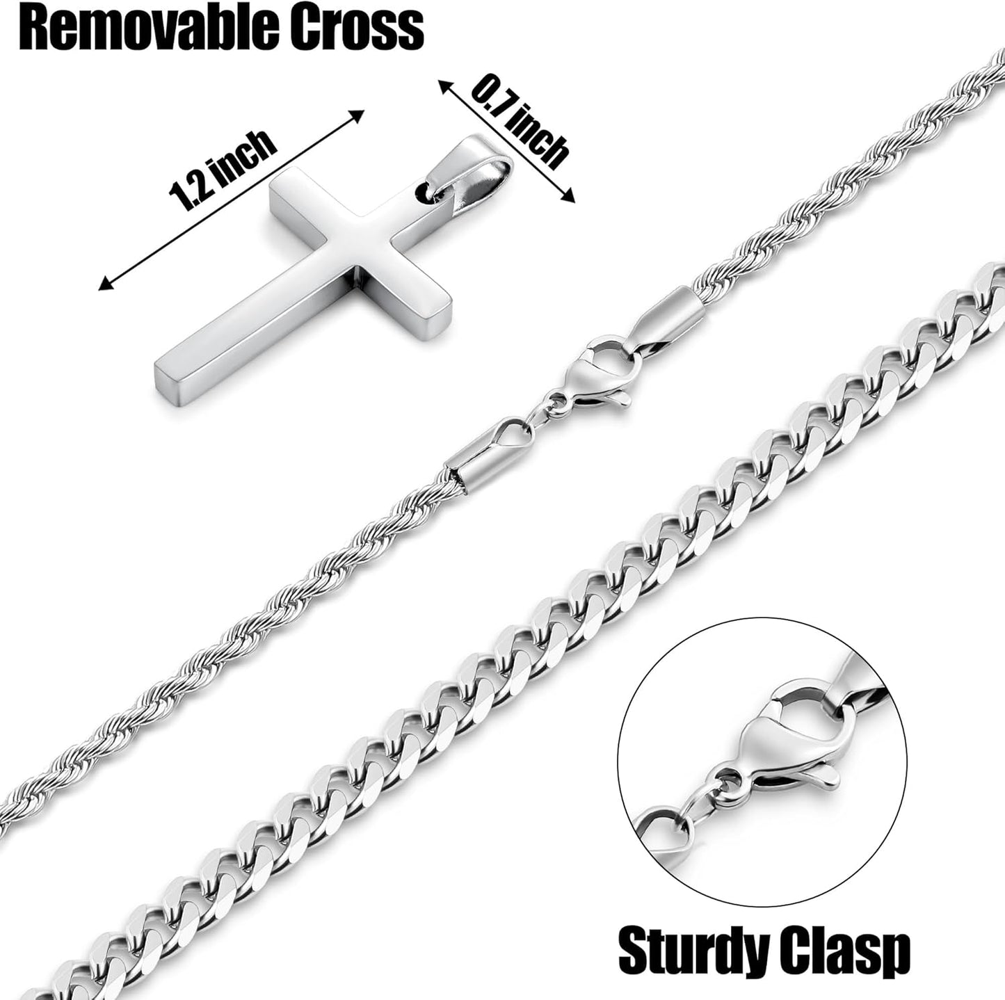 2 Pcs Cross Necklace Chain for Men and Women, Layered Mens Cross Necklaces Stainless Steel Pendant Cuban Link Rope Chain 16-26 Inch, Jewelry Gift