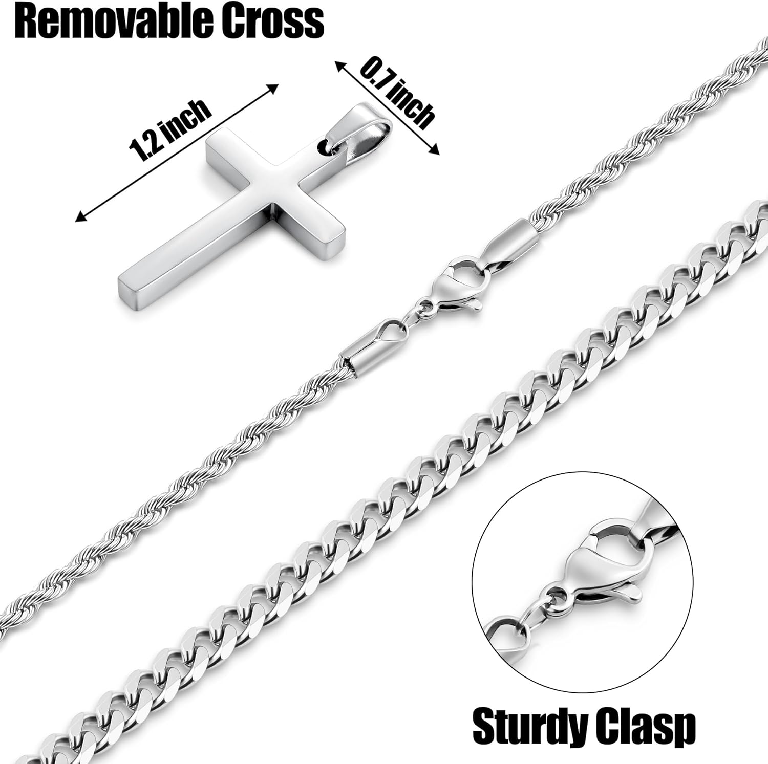 2 Pcs Cross Necklace Chain for Men and Women, Layered Mens Cross Necklaces Stainless Steel Pendant Cuban Link Rope Chain 16-26 Inch, Jewelry Gift