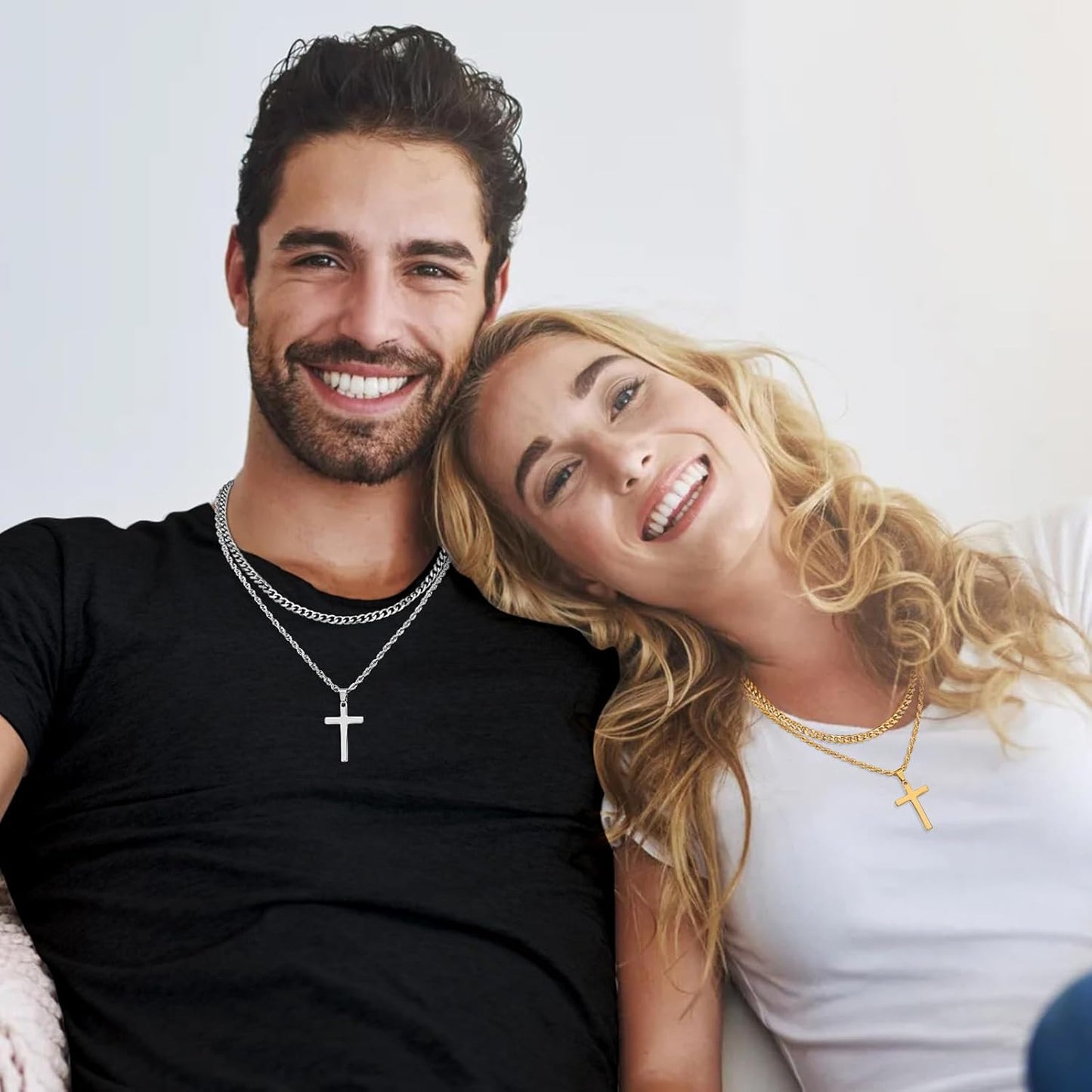 2 Pcs Cross Necklace Chain for Men and Women, Layered Mens Cross Necklaces Stainless Steel Pendant Cuban Link Rope Chain 16-26 Inch, Jewelry Gift