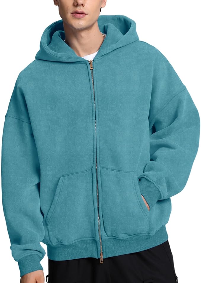 Mens Womens Double Zip up Hoodie Oversized Acid Wash Heavyweight Fleece Cotton Zipper Hoodie Vintage
