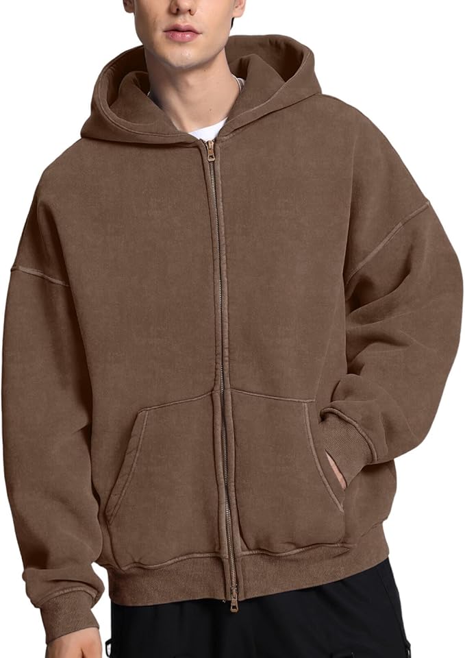 Mens Womens Double Zip up Hoodie Oversized Acid Wash Heavyweight Fleece Cotton Zipper Hoodie Vintage