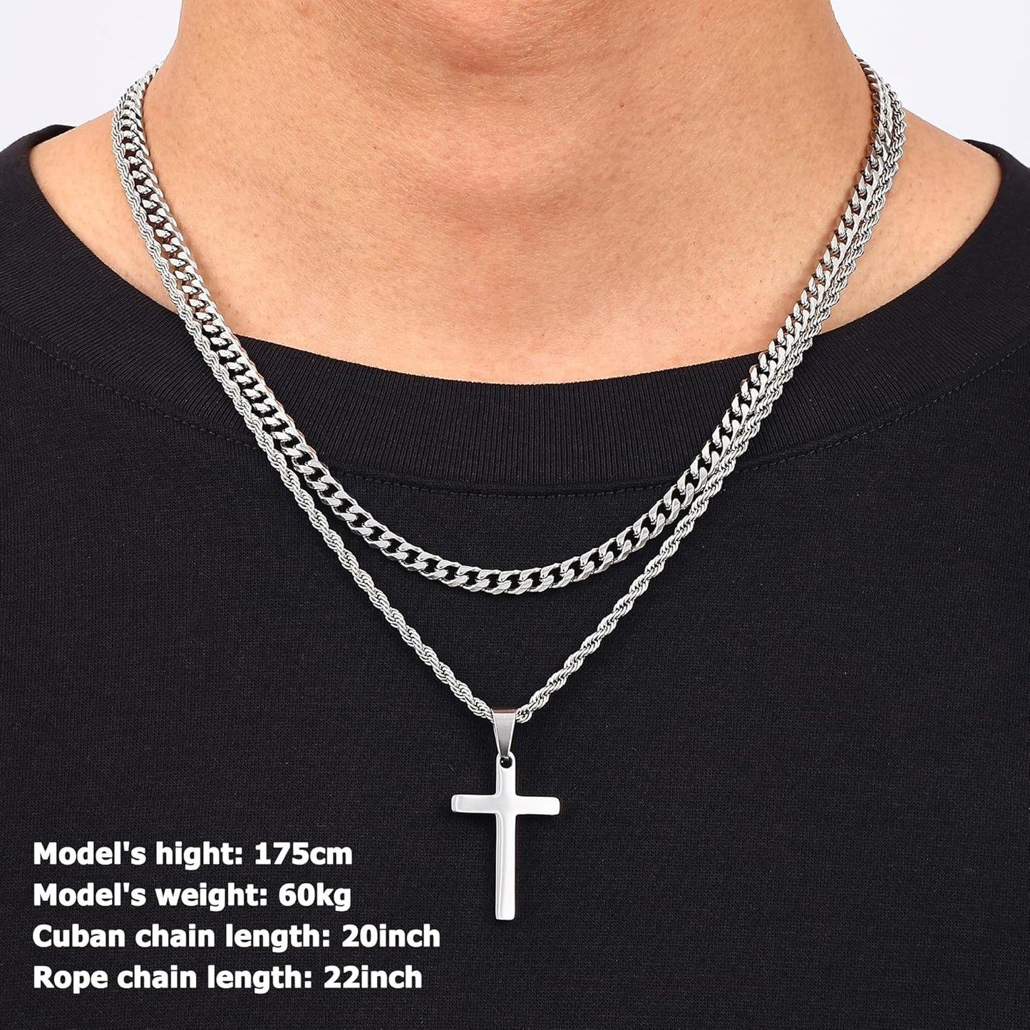 2 Pcs Cross Necklace Chain for Men and Women, Layered Mens Cross Necklaces Stainless Steel Pendant Cuban Link Rope Chain 16-26 Inch, Jewelry Gift