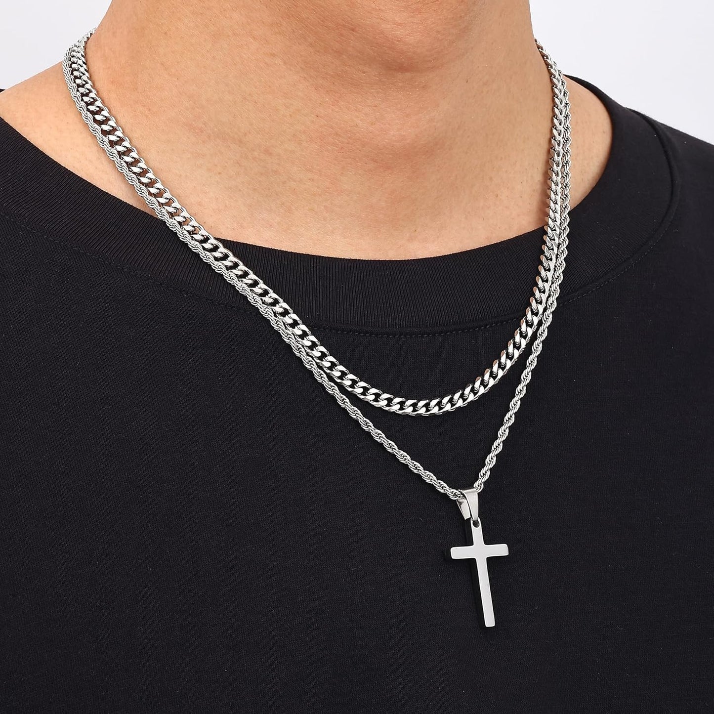 2 Pcs Cross Necklace Chain for Men and Women, Layered Mens Cross Necklaces Stainless Steel Pendant Cuban Link Rope Chain 16-26 Inch, Jewelry Gift