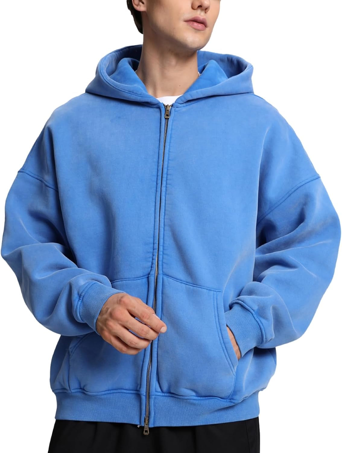 Mens Womens Double Zip up Hoodie Oversized Acid Wash Heavyweight Fleece Cotton Zipper Hoodie Vintage