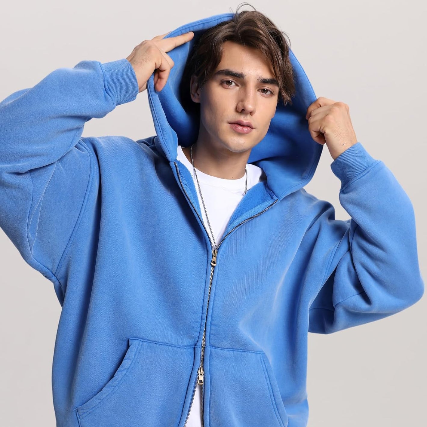 Mens Womens Double Zip up Hoodie Oversized Acid Wash Heavyweight Fleece Cotton Zipper Hoodie Vintage